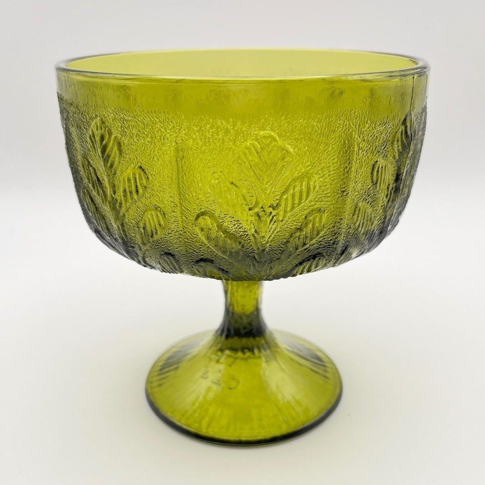 Vintage FTD Green Glass Compote Oak Leaf Pattern 1970s Footed Vase Bowl